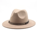 Detailed shot of beige fedora with ethnic geometric band and metal buckle accent - M(56-58cm) / Light Purple Grey