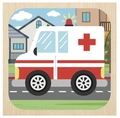 Wooden 3D ambulance puzzle board for children featuring a red cross cartoon medical vehicle - Ambulance