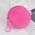 Mini round rose red plush coin purse with a matching plastic hook and zipper closure - 8.5cm / Rose Red