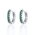 Detail of silver huggie earrings with round green zircon stones in claw setting - Silver Green Zirconia
