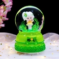 Pink Sakura snow globe with a cute girl figurine and green ribbon bow base - 5203 Gray Hair / Large 100 Rotating+Snow+Light+Music