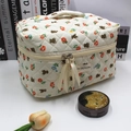 Quilted makeup bag detail featuring cute bear floral pattern and dual zipper closure - Quilted Floral Bear Cosmetic Bag (Large)
