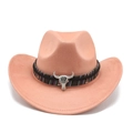 Close-up of pink suede western cowboy hat with ethnic band and silver bull skull detail - M (56-59cm) / Dusty Pink Suede