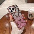 Detailed view of luxury pink glitter rhombic iPhone case with electroplated rose gold edges - Rose Gold Lattice + Glitter Paper / iPhone15