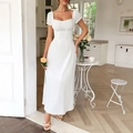 Elegant white square neck puff sleeve midi dress with front tie and slim fit waist - S / White