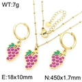 Golden stainless steel jewelry set with purple grape pendants including necklace and earrings - Grape Style (KS226946-Z)