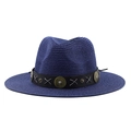 Detail of navy blue straw fedora with black leather belt and vintage bronze metal accents - Navy Blue