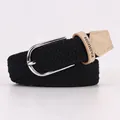 Adjustable black woven elastic belt with silver buckle and beige leather trim detail - Black