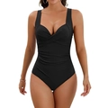 Sleek black one-piece swimsuit featuring a deep V-neck and slimming pleated waist design - S / Black