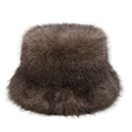 Detail of dark brown faux fox fur bucket hat with thick plush texture for winter warmth - M (56-58cm) / Coffee