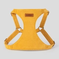 Bright yellow suede dog harness with premium brown leather label and silver metal rings - S / Yellow