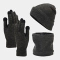 Flat lay of gray winter knit set including a beanie, touch screen gloves and neck warmer - Dark Gray