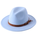 Classic light blue fedora hat with a brown leather belt buckle detail on white background - Sky Blue