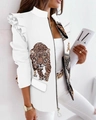 Detail of leopard print and baroque patterns on a white jacket with ruffled sleeves - S / Baroque Tiger Print