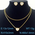 Golden double-layer snake chain heart necklace and stud earrings set with white crystal inlay - White Heart Rhinestone Style (KS201221-HDJ)