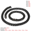 Polished black stainless steel Cuban necklace and bracelet set with size specifications - 10mm Wide x 20cm Long Bracelet / Black
