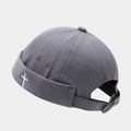 Detail of gray docker cap with white cross embroidery and adjustable metal buckle back - Adjustable / Fog Blue