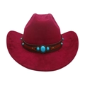 Ethnic style rose red felt cowboy hat featuring brown leather band and turquoise stones - One Size / Burgundy