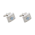 Detail view of silver rectangular cufflinks with blue crystal clover pattern on white background - Silver