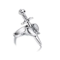 Silver snake heart ring featuring a gothic sword and skull design with micro-inlaid zircons - Skull Sword Heart Gothic Style - Silver