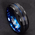 Two-tone matte black and blue stainless steel ring with polished inner surface - Size 7 / 8mm Blue Stepped Edge