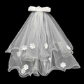 Double-layered white bridal veil featuring delicate flower appliques and a top bow - Double Layer Ribbon Flower Veil