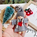 Handmade grey felt Christmas doll ornament with red heart and white braided hair - Grey Knit Red Heart White Braids Doll (A4)