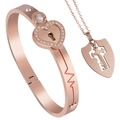 Rose gold interlocking heart lock bracelet and necklace set with zircon and pearls - Projection Heart Style / Rose Gold