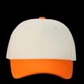 Detailed view of two-tone cotton baseball cap with white crown and orange curved visor - Beige + Orange