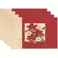 Set of 4 Christmas placemats with red poinsettia and holly leaf patterns on linen fabric - Style 18