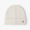 Winter light beige fluffy feather yarn beanie with a metallic M logo for warmth - Cream