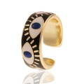 Detail of adjustable gold ring featuring blue enamel evil eye charm and polished finish - Adjustable Open / Black