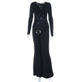 Elegantes, figurbetontes schwarzes Maxikleid mit V-Ausschnitt und Taillen-Silberring - S / Schwarz