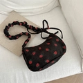 Sac bandoulière en velours côtelé imprimé fraises avec bandoulière froncée - Noir
