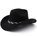 Detail of black suede cowboy hat featuring an ethnic turquoise beaded decorative band - Black