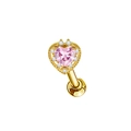 Macro detail of golden labret stud featuring a pink heart zircon and sparkling halo stones - Gold Pink Heart Hollow Wave