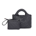 Dunkelgraue Handtasche aus geflochtenem Leder mit passender Clutch und Tragegriffen - Eisengrau