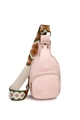 Detail van de roze PU-heuptas met vintage metalen ritsen en geometrische jacquard riem - Roze