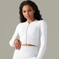 White ribbed seamless yoga set featuring a high waist leggings and full zip crop jacket - S / Tops / Cream