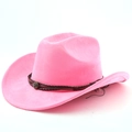 Detail of pink faux suede cowboy hat featuring a braided leather band and retro metal emblem - M (56-58cm) / Magenta