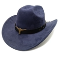 Dark blue suede Western cowboy hat with leather belt and bull head metal badge - M (56-58cm) / Navy Blue