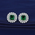 Elegant silver stud earrings with emerald cut green gem and double halo of clear zircon stones - Square Green Diamond Earrings Tz-23