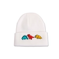 Detailed view of white knitted beanie featuring three colorful embroidered cartoon dinosaurs - Kids (50-53cm) / White