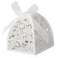White laser cut wedding favor box with intricate rose patterns and a silk ribbon bow - White