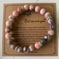 Pink zebra stone beaded bracelet with heart charm and inspirational card gift for women - Pink Gray Marble With Card Style