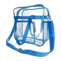 Detailansicht der transparenten PVC-Reisetasche mit blauen Riemen und Netztasche - Blau (D6007—2)