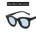 Glossy black round frame sunglasses with light blue translucent lenses for women - Metal Hinge / Glossy Black Blue