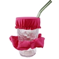 Close-up of pink fabric scrunchie drink cover set with glass straw on textured glass cup - Plum Red
