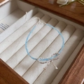 Elegant light blue beaded bracelet with a silver bow charm and adjustable chain link - 33# Bracelet-Blue