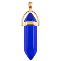 Golden stirrup-wrapped dark blue hexagonal crystal pillar pendant on white background - Blue / Gold Cap Hexagonal Pendant
